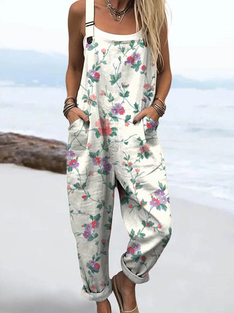 Women's Vintage Lovely Floral Art Print Casual 100% Cotton Wide Leg Jumpsuit