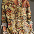 Women's Vintage Ethnic Geometric Pattern Painting Art Print Casual Cotton And Linen Ruffle Shirt