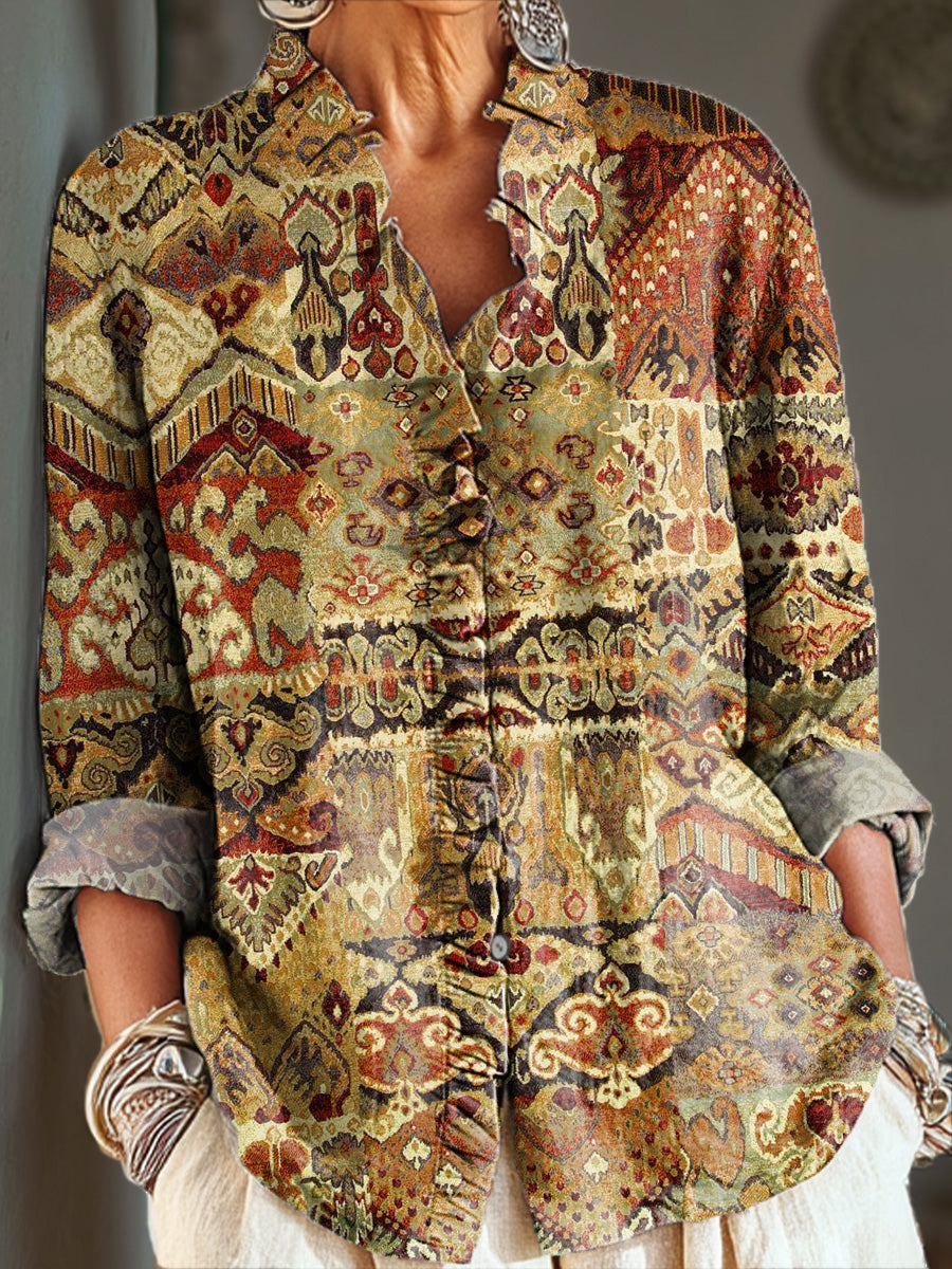 Women's Vintage Ethnic Geometric Pattern Painting Art Print Casual Cotton And Linen Ruffle Shirt