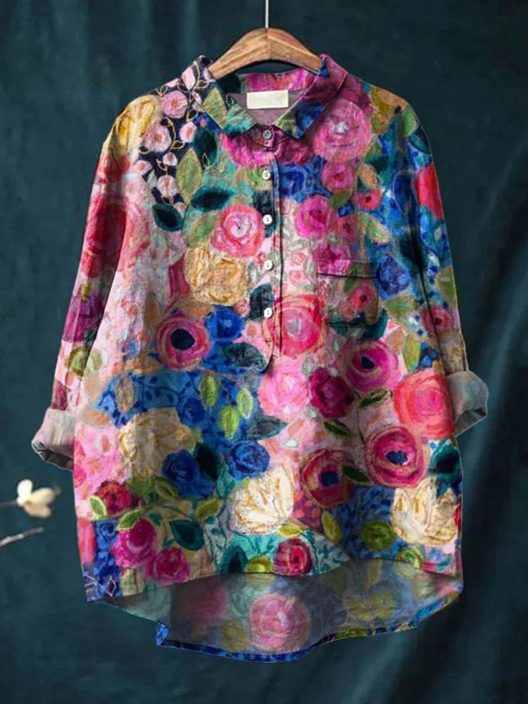 Women's Vintage Lovely Floral Art Print Casual Cotton And Linen Shirt