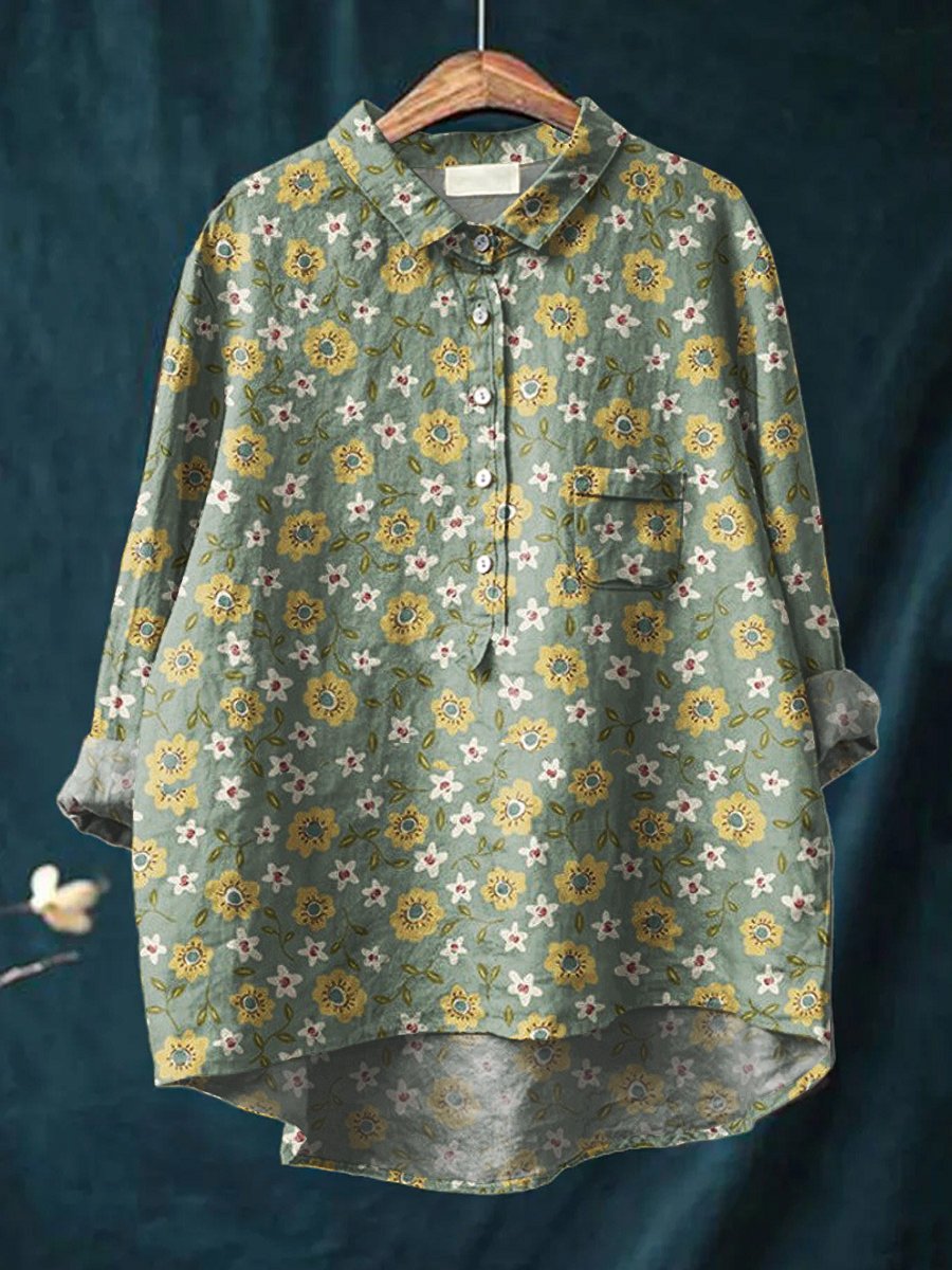 Women's Floral Art Print Casual Cotton And Linen Shirt