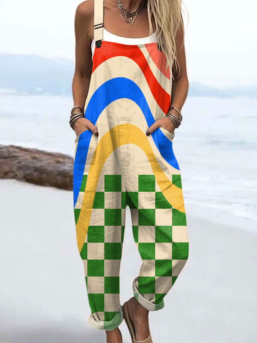 Women's  Vintage Abstract Geometric Art Print Casual 100% Cotton Wide Leg Jumpsuit