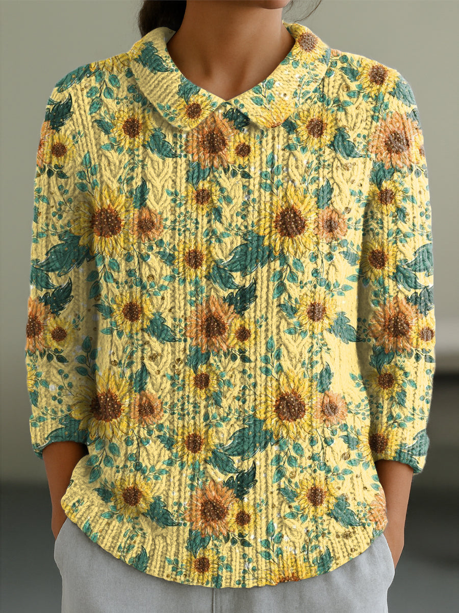 womens-cute-sunflower-painting-art-print-casual-peter-pan-collar-3-4-sleeve-sweater-f4ip