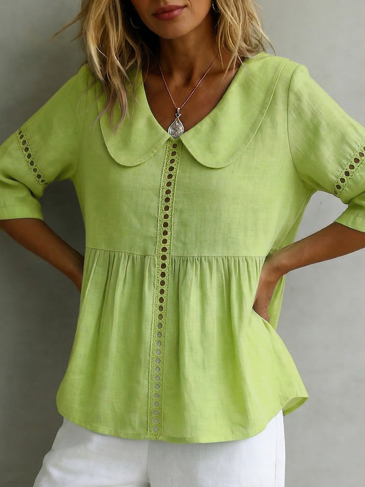 Vintage Openwork Lace Peter Pan Collar Cotton-linen Blouse