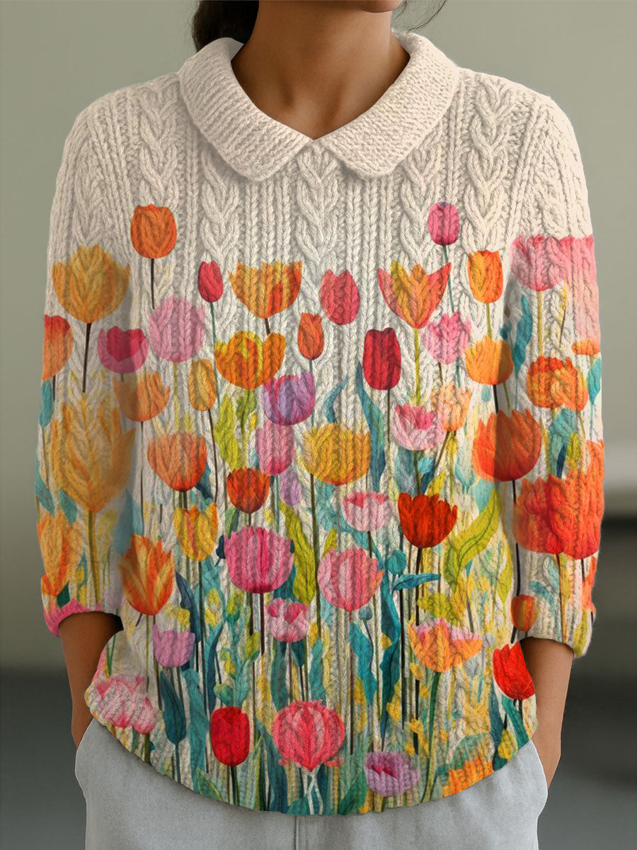 womens-vintage-flower-art-print-casual-peter-pan-collar-3-4-sleeve-sweater-91yu