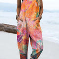 Women's Retro Color Art Blending Print Casual 100% Cotton Wide Leg Jumpsuit