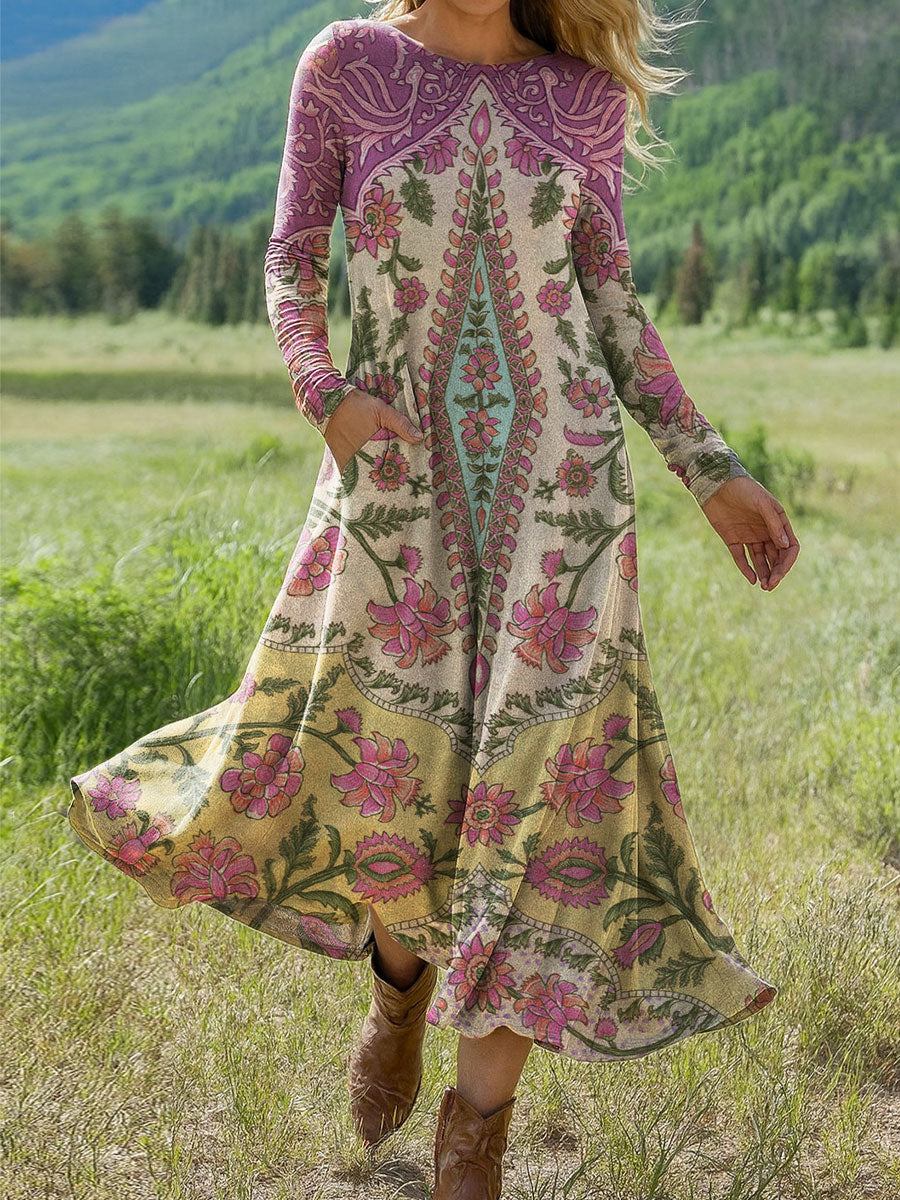 Women's Vintage Flower Art Print Long-sleeved Dress