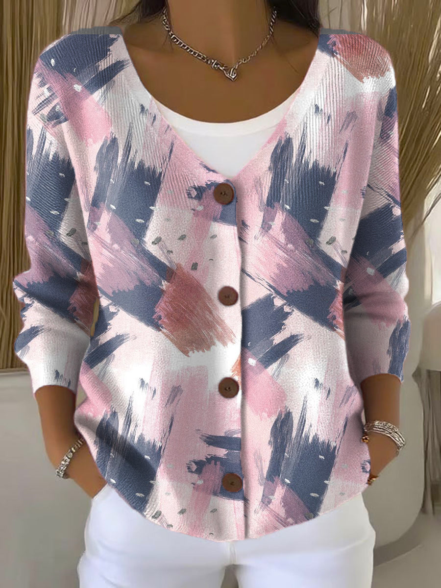 Color Brushes Print Buttoned V-neck Cardigan Sweater
