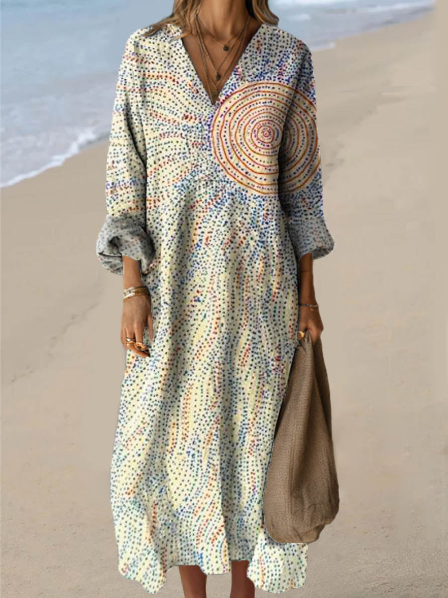 Women's Abstract Sun Pattern Art Print Cotton Dress