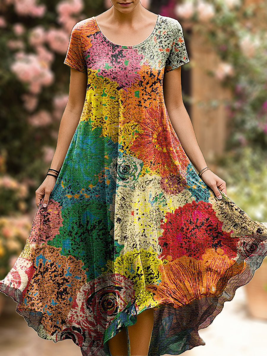 Women's Beautiful Colorful Abstract Floral Painting Art Print Sleeveless Cotton Pocket Dress