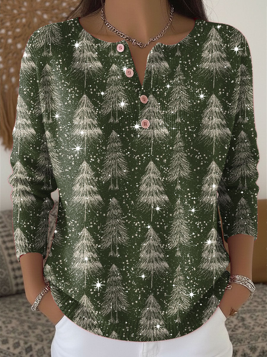 Vintage Christmas Tree Art Print Henley Neck Sparkling Sequin Sweater