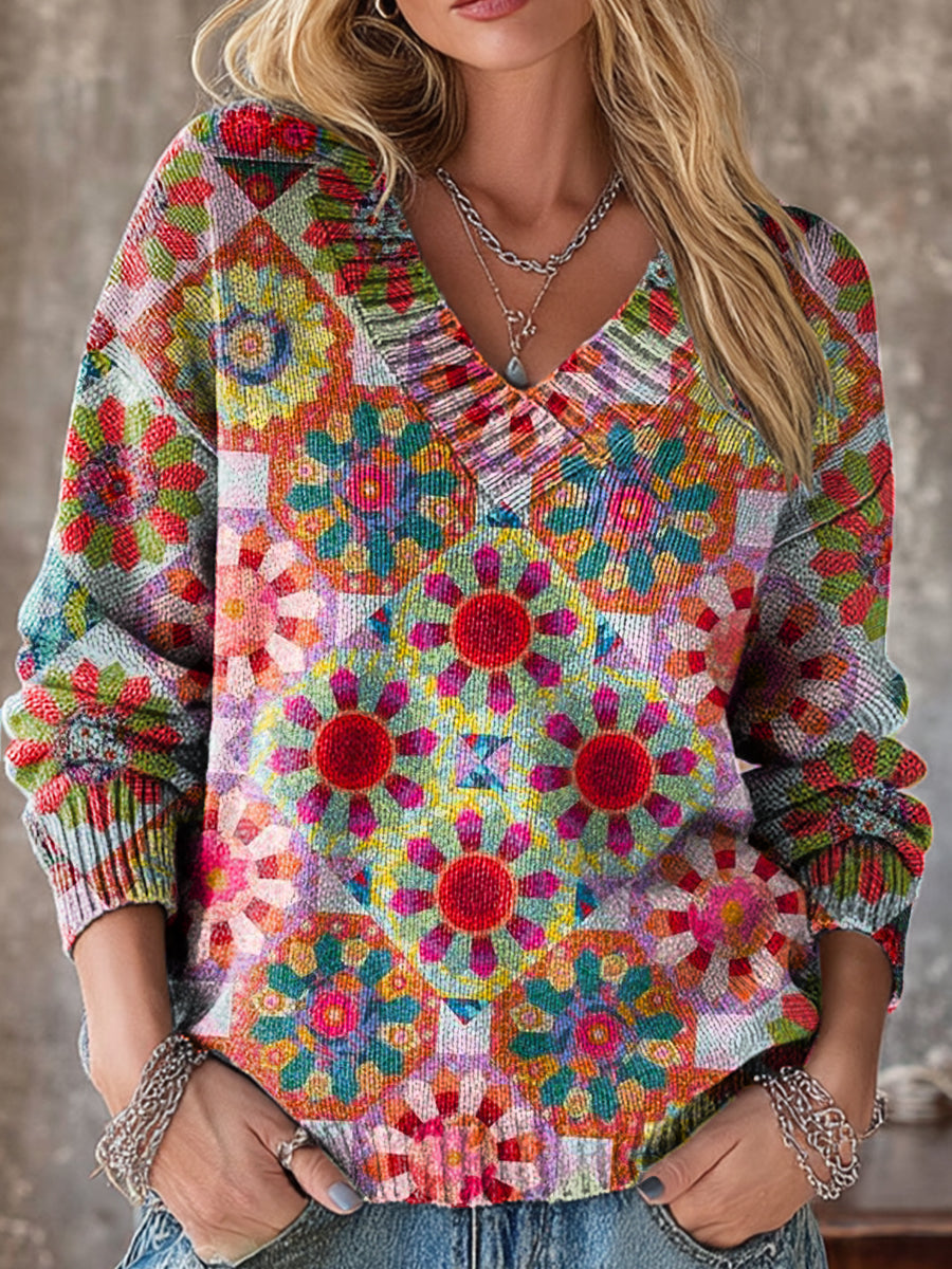 Beautiful Abstract Geometric Check Painting Art Print Knit V-neck Pullover Sweater