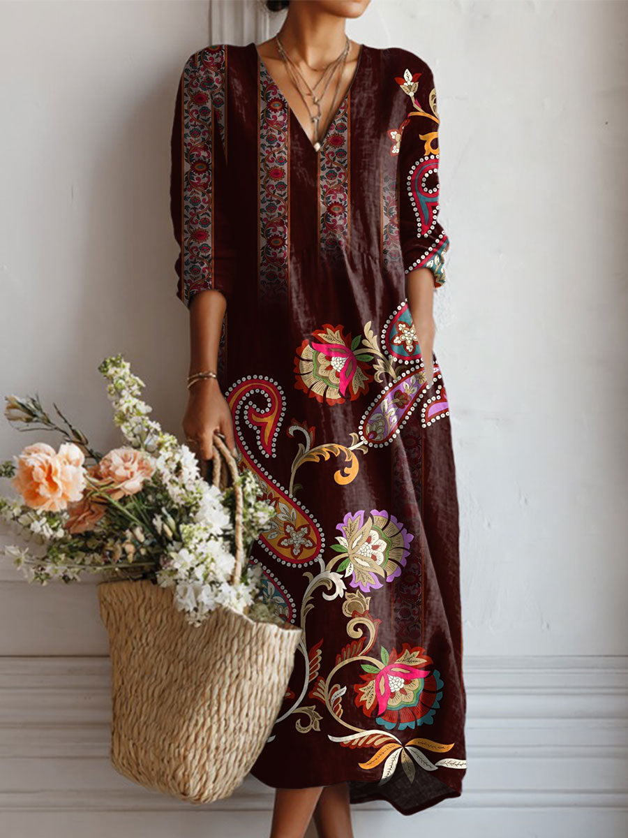 Women's Vintage Flower Art Print Linen Pocket Dress