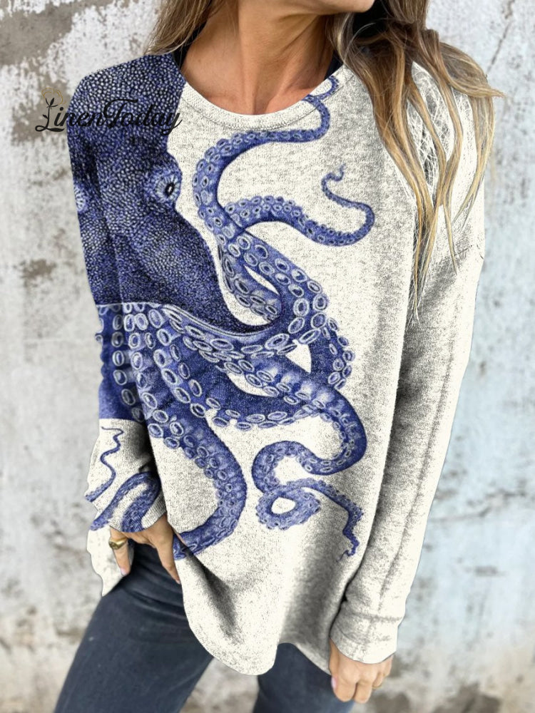 Vintage Deep Sea Octopus Tentacles Art Printed Women's Button Back Casual Knitted Shirt