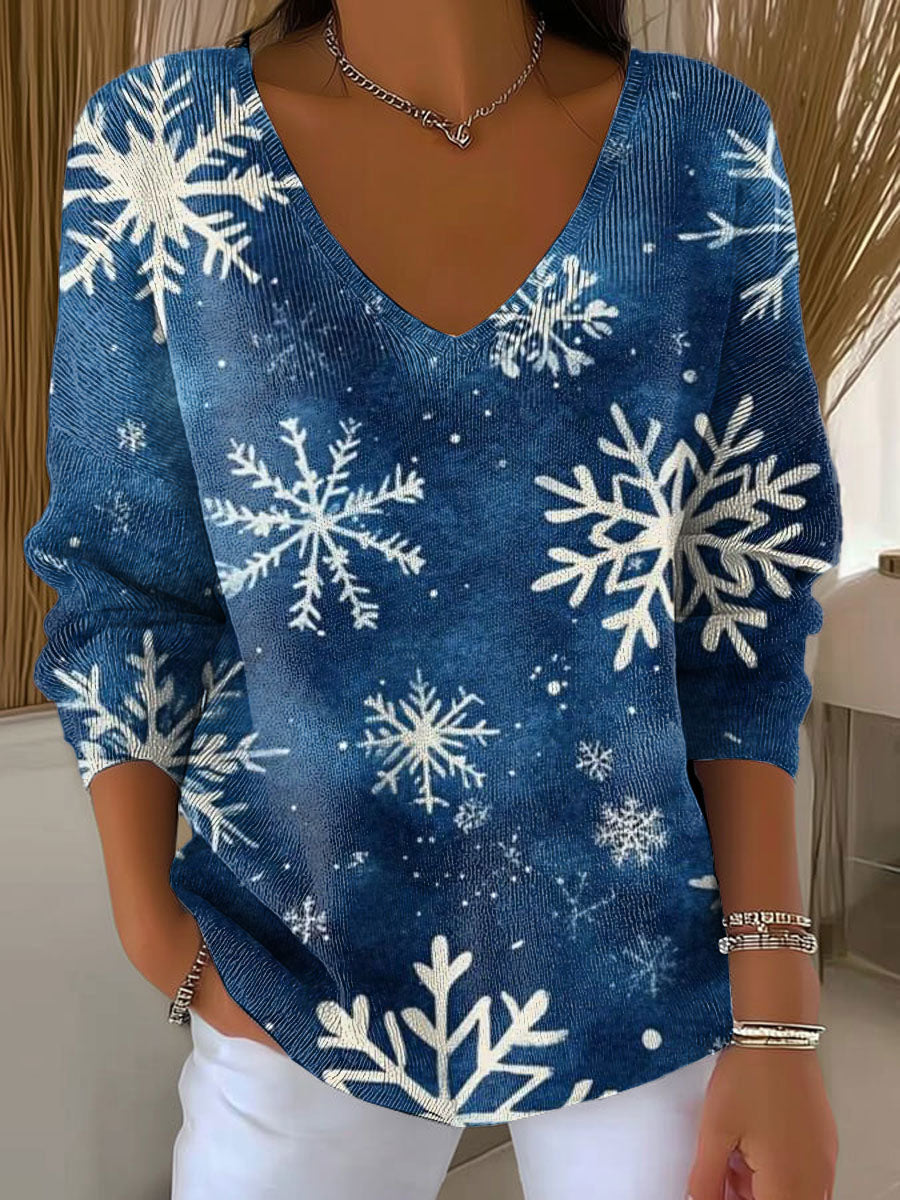 Women's Christmas Snowflake Pattern Print Casual Pullover Sweater