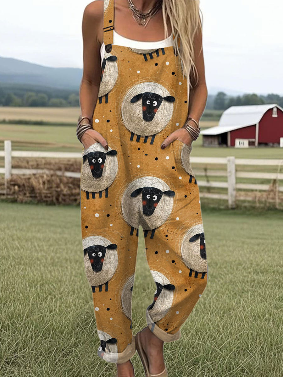 Women's  Funny Sheep Art Print Casual 100% Cotton Wide Leg Jumpsuit