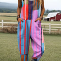 Women's Fashion Color Block Line Art Print Casual 100% Cotton Wide Leg Jumpsuit
