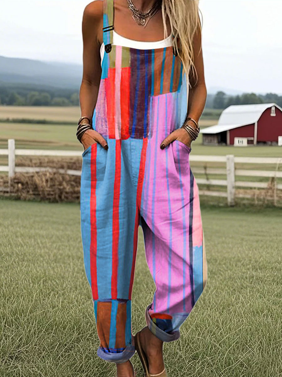 Women's Fashion Color Block Line Art Print Casual 100% Cotton Wide Leg Jumpsuit