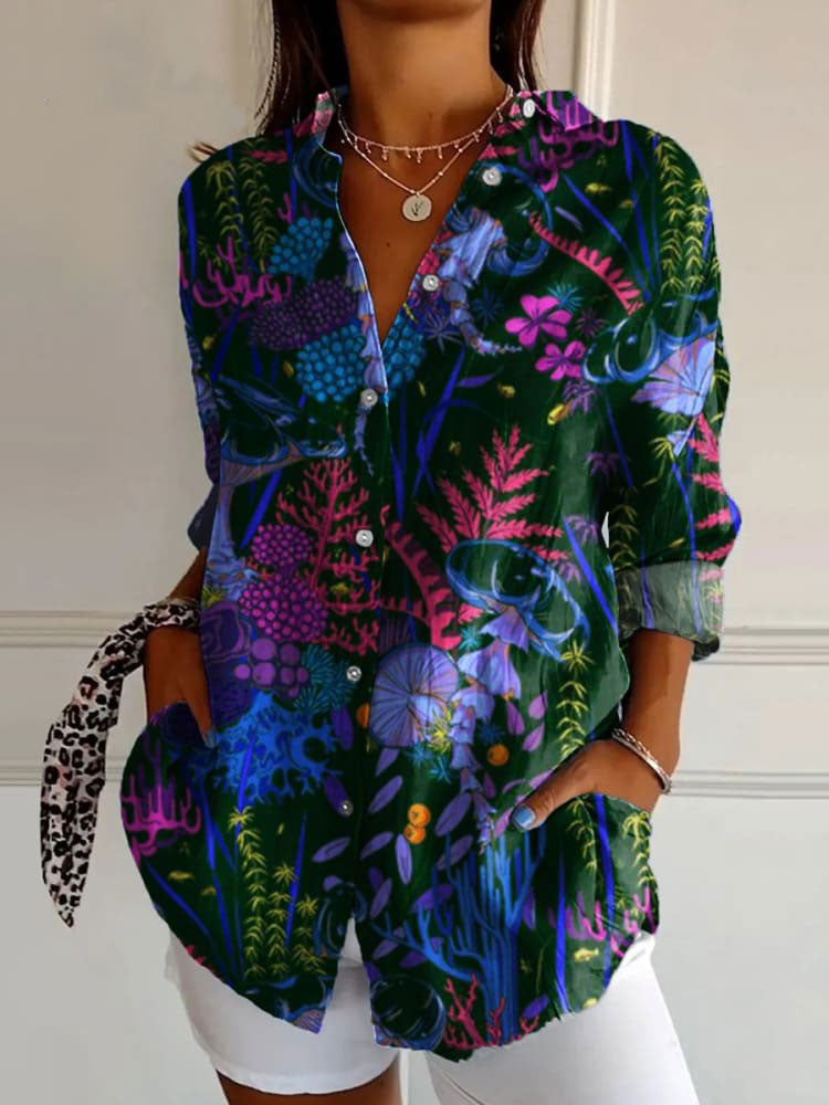 Women's Flower Art Print Casual Cotton Shirt