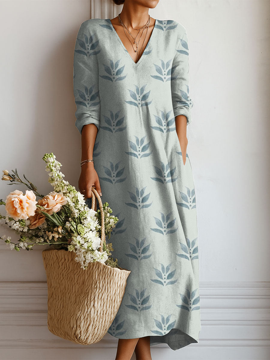Women's Vintage Flowers Pattern Art Print Linen Pocket Dress