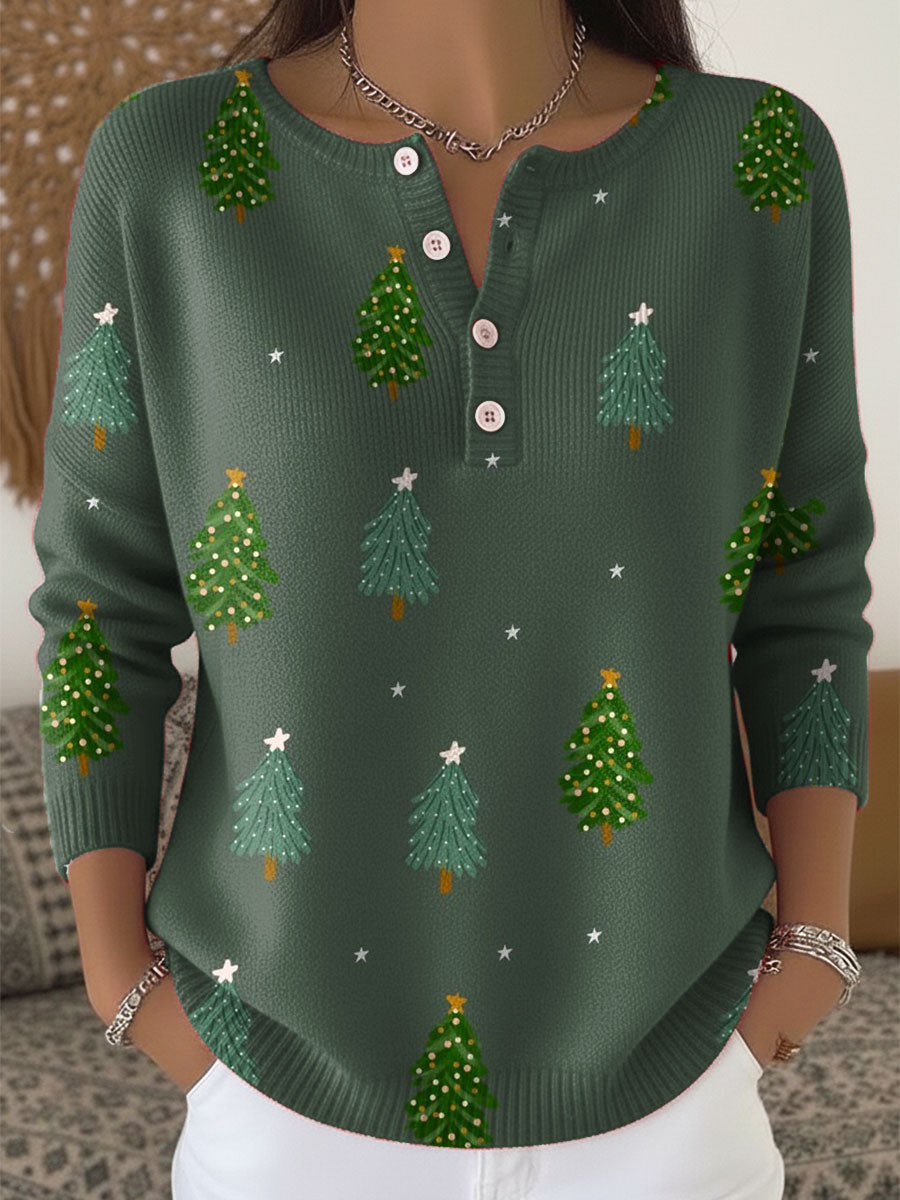 Vintage Christmas Art Print Buttoned Cardigan Sweater
