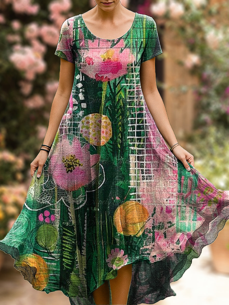 Women's Beautiful Abstract Floral Painting Art Print Sleeveless Cotton Pocket Dress