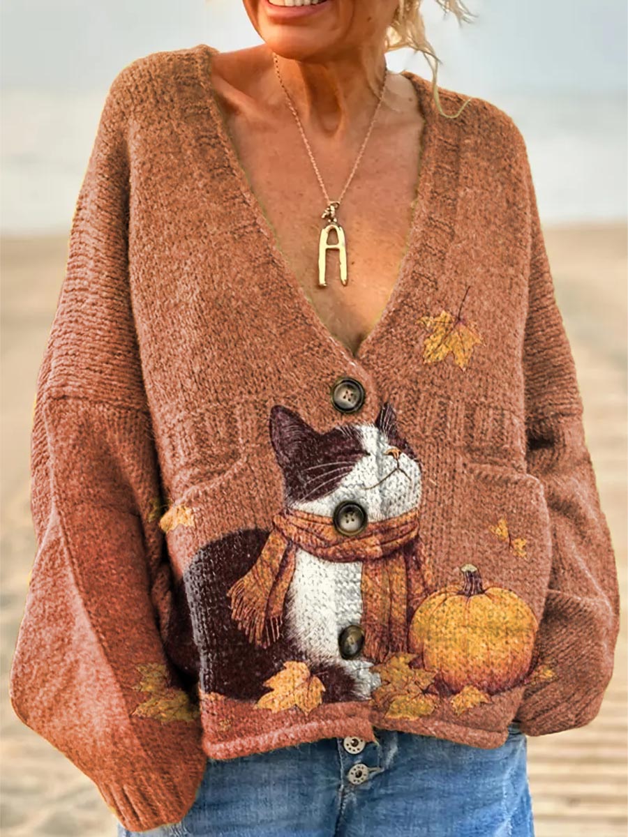 womens-lovely-autumn-cat-pattern-art-print-casual-pullover-sweater