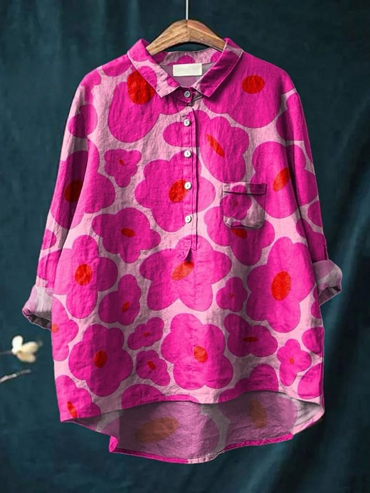 Vibrant Pink Floral Pattern Printed Women's Casual Cotton And Linen Shirt