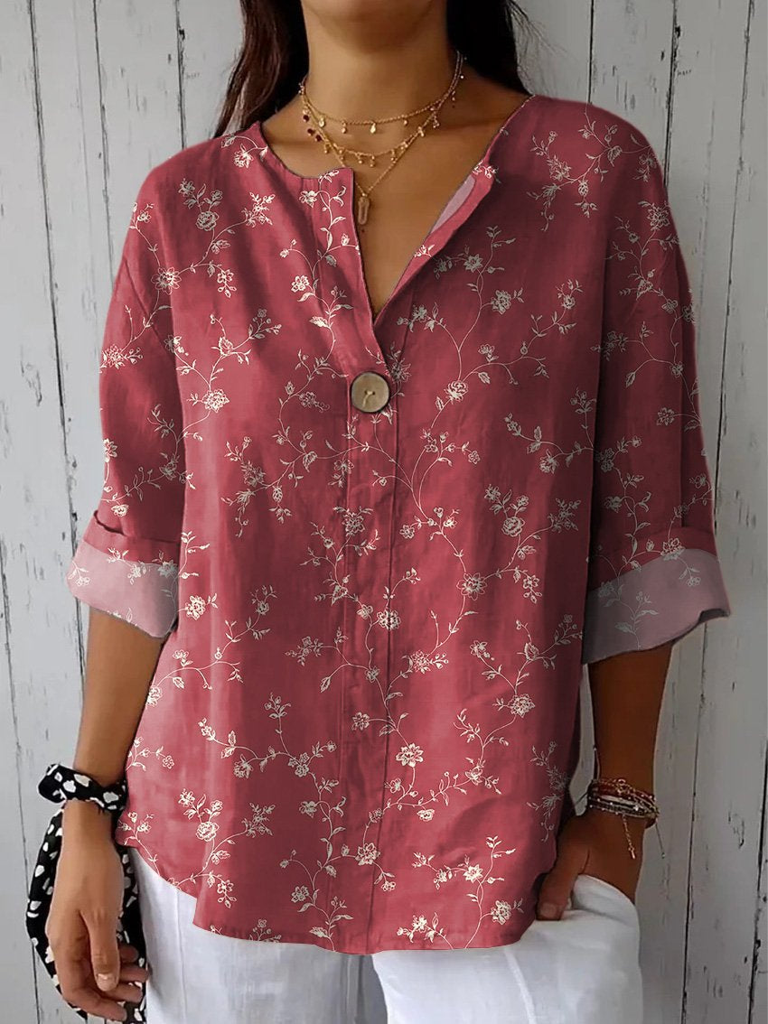 Small Floral And Vine Pattern Printed Women's Casual Cotton Linen Shirt