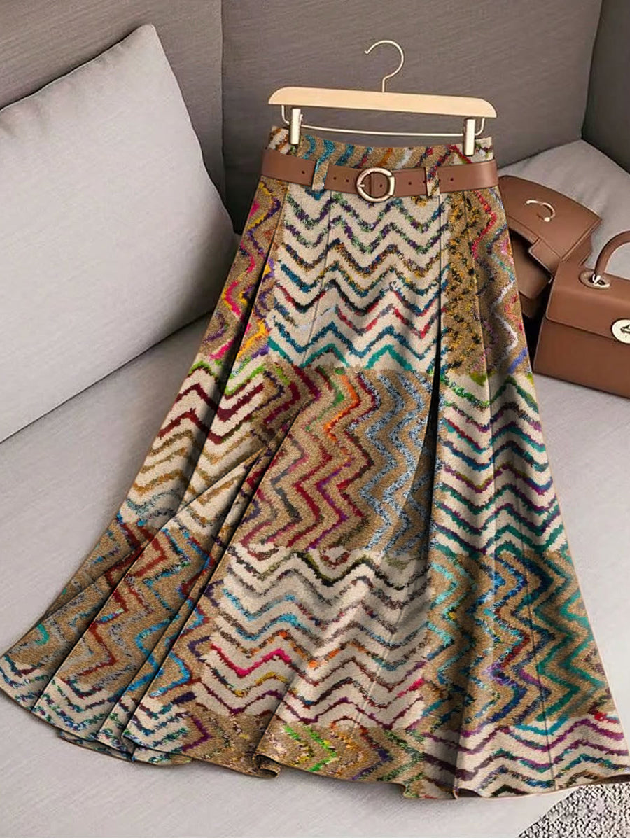 Women's Vintage Abstract Wave Check Art Print Cotton Skirt