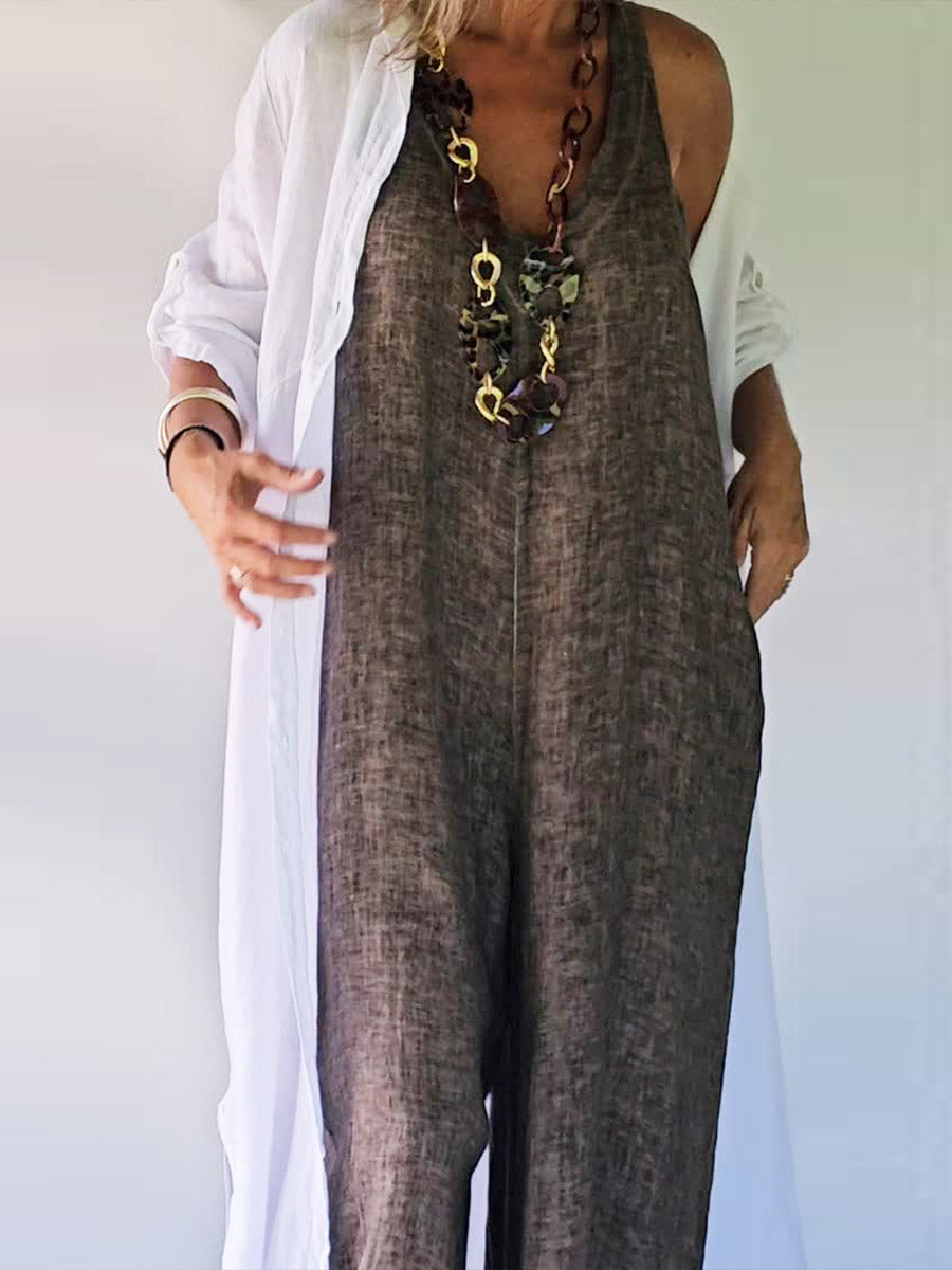 Women's Solid Color V-Neck Sleeveless Casual Cotton and Linen Wide Leg Jumpsuit