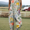 Damen-Jumpsuit mit Vintage-Blumenmuster, lässig, aus 100 % Baumwolle, weites Bein 