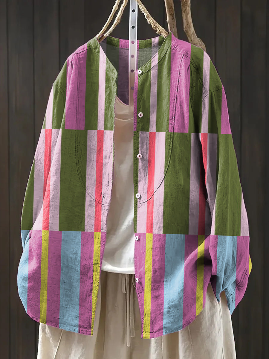 Women's Beautiful Multicolor Geometric Stripe Art Print Casual Cotton And Linen Shirt