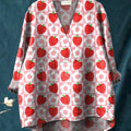 Lovely Strawberry And Floral Pattern Printed Women's Casual Cotton And Linen V-neck Shirt