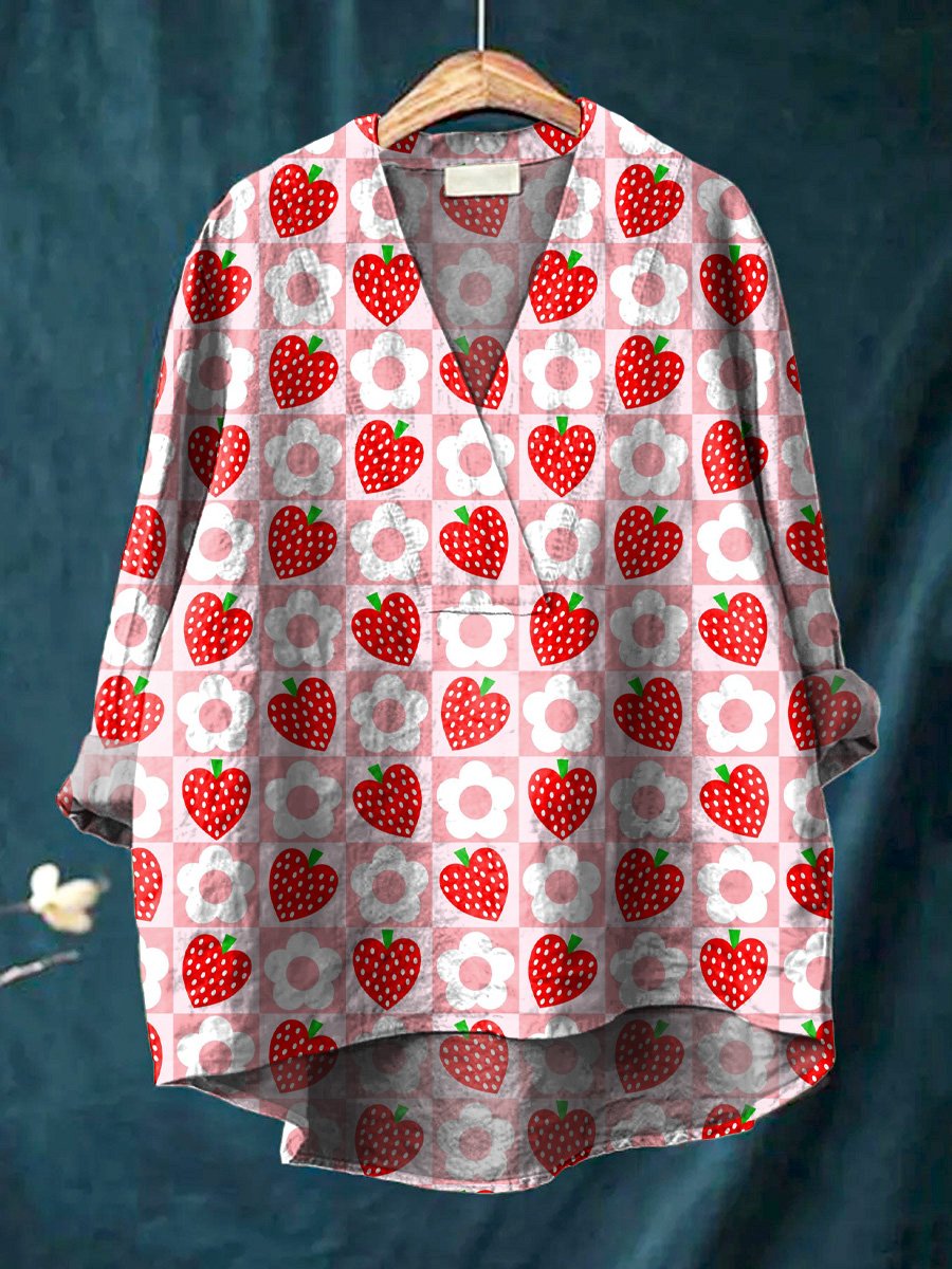 Lovely Strawberry And Floral Pattern Printed Women's Casual Cotton And Linen V-neck Shirt