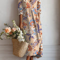 Women's Vintage Flower Art Print Linen Pocket Tunic Dress