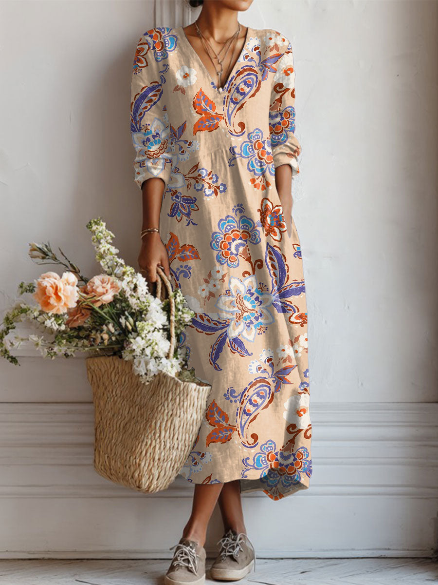 Women's Vintage Flower Art Print Linen Pocket Tunic Dress