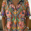 Women's Vintage Botanical Floral Casual Polo Collar Short-sleeved Linen And Cotton Shirt