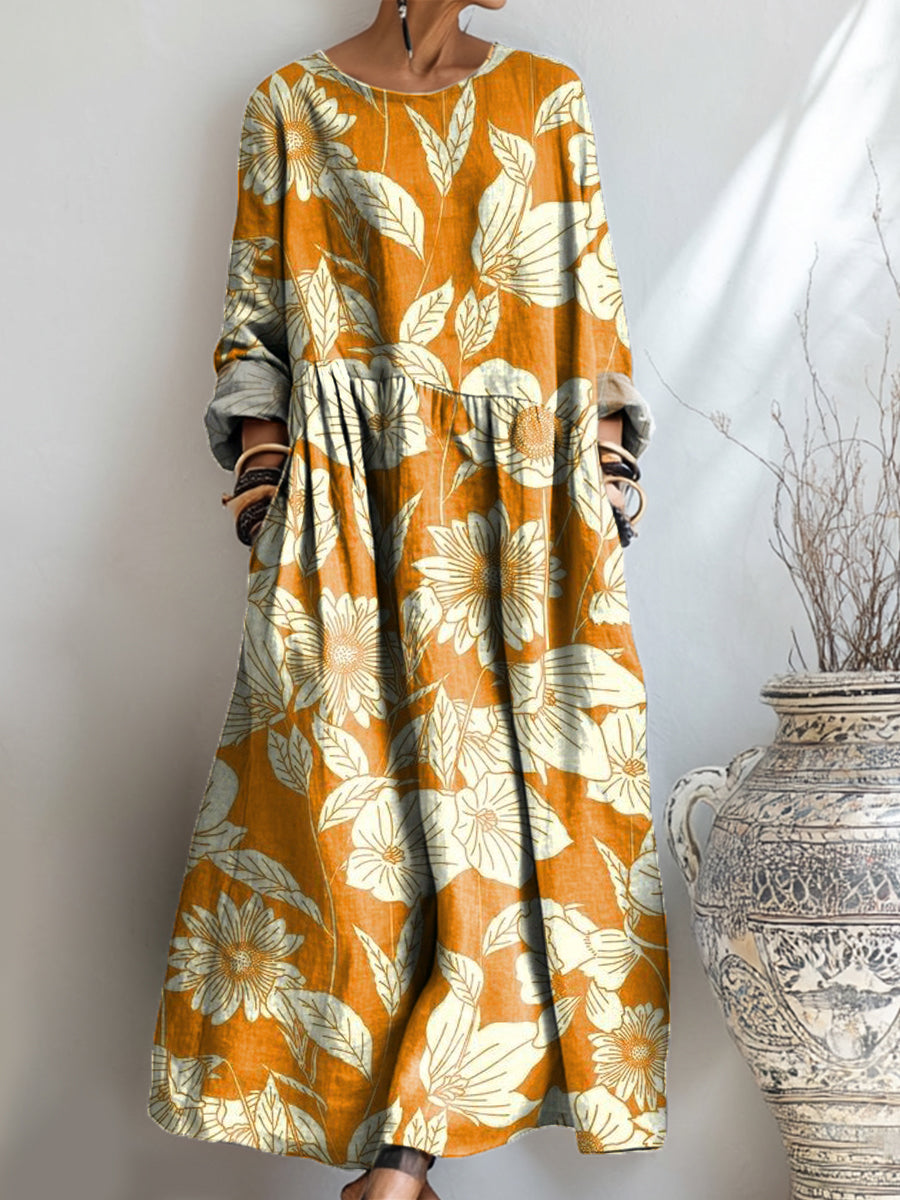 Women's Beautiful Large Flower Painting Art Print Pocket Cotton Dress