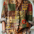 Women's Vintage Ethnic Plaid Painting Art Print Casual Cotton And Linen Ruffle Shirt