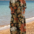 Women's Vintage Ethnic Floral Painting Art Print Pocket V-neck Cotton Dress