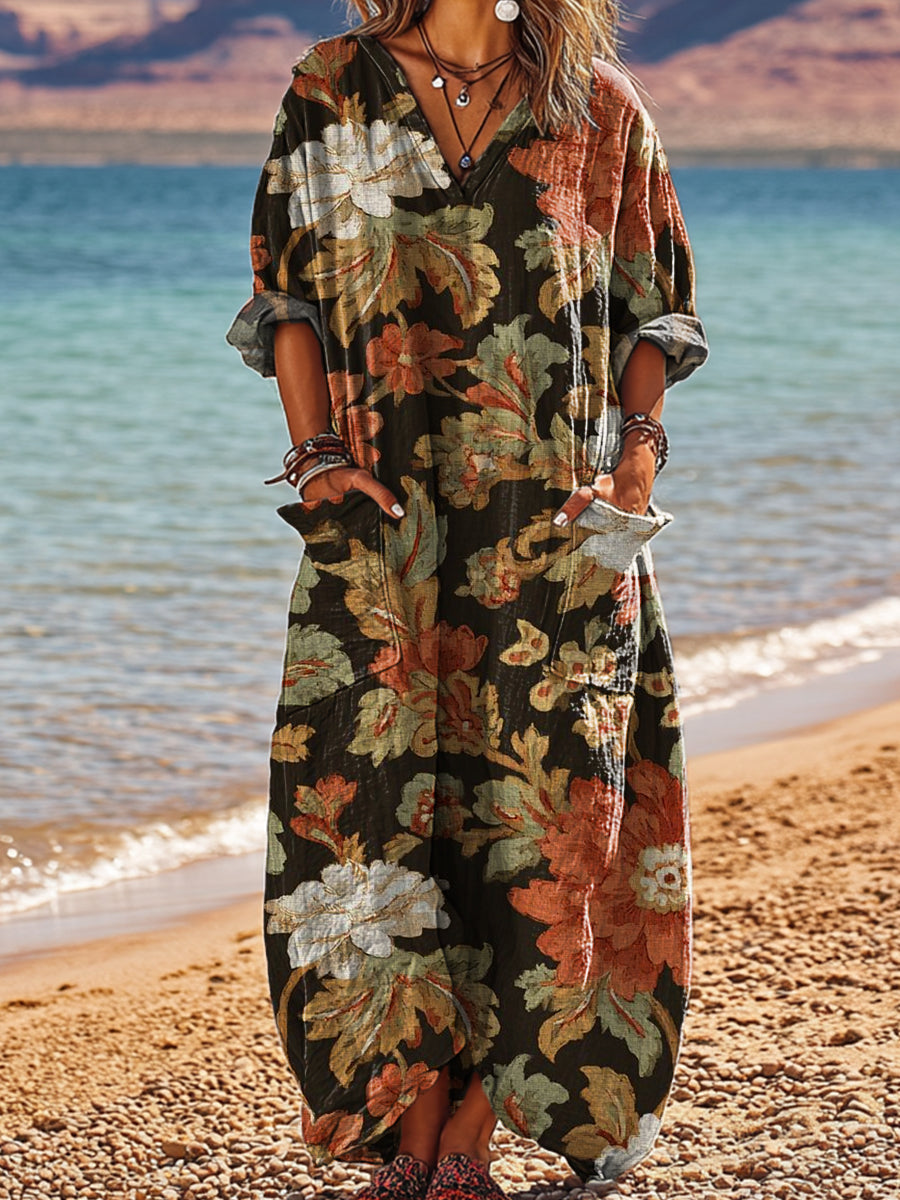 Women's Vintage Ethnic Floral Painting Art Print Pocket V-neck Cotton Dress