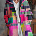 Beautiful Colorful Geometric Check Art Print Unisex Plush Thick Long-Sleeved Sweater Cardigan Coat