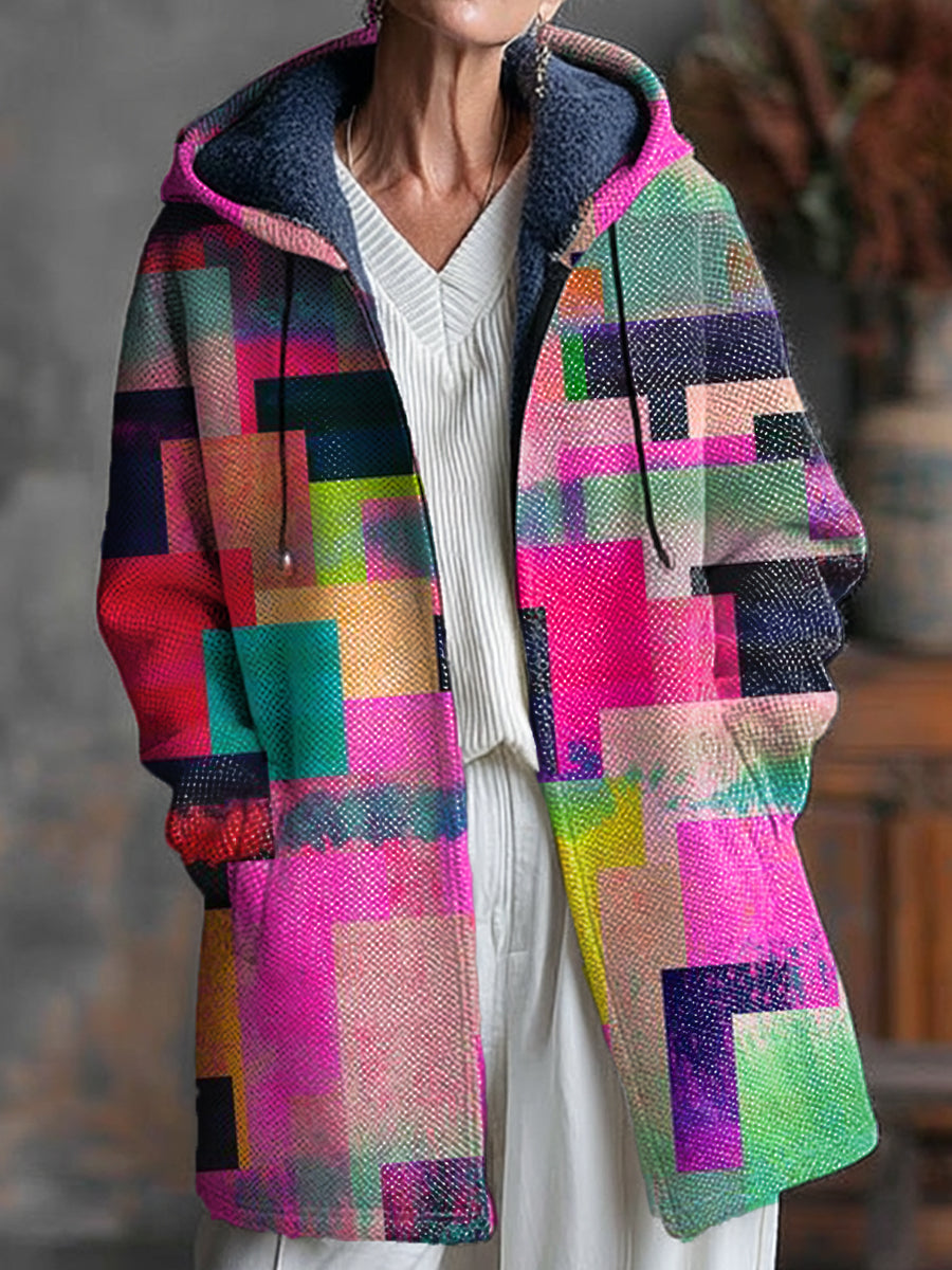 Beautiful Colorful Geometric Check Art Print Unisex Plush Thick Long-Sleeved Sweater Cardigan Coat