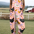 Women's Cute Chicken Flowers Art Print Casual 100% Cotton Wide Leg Jumpsuit