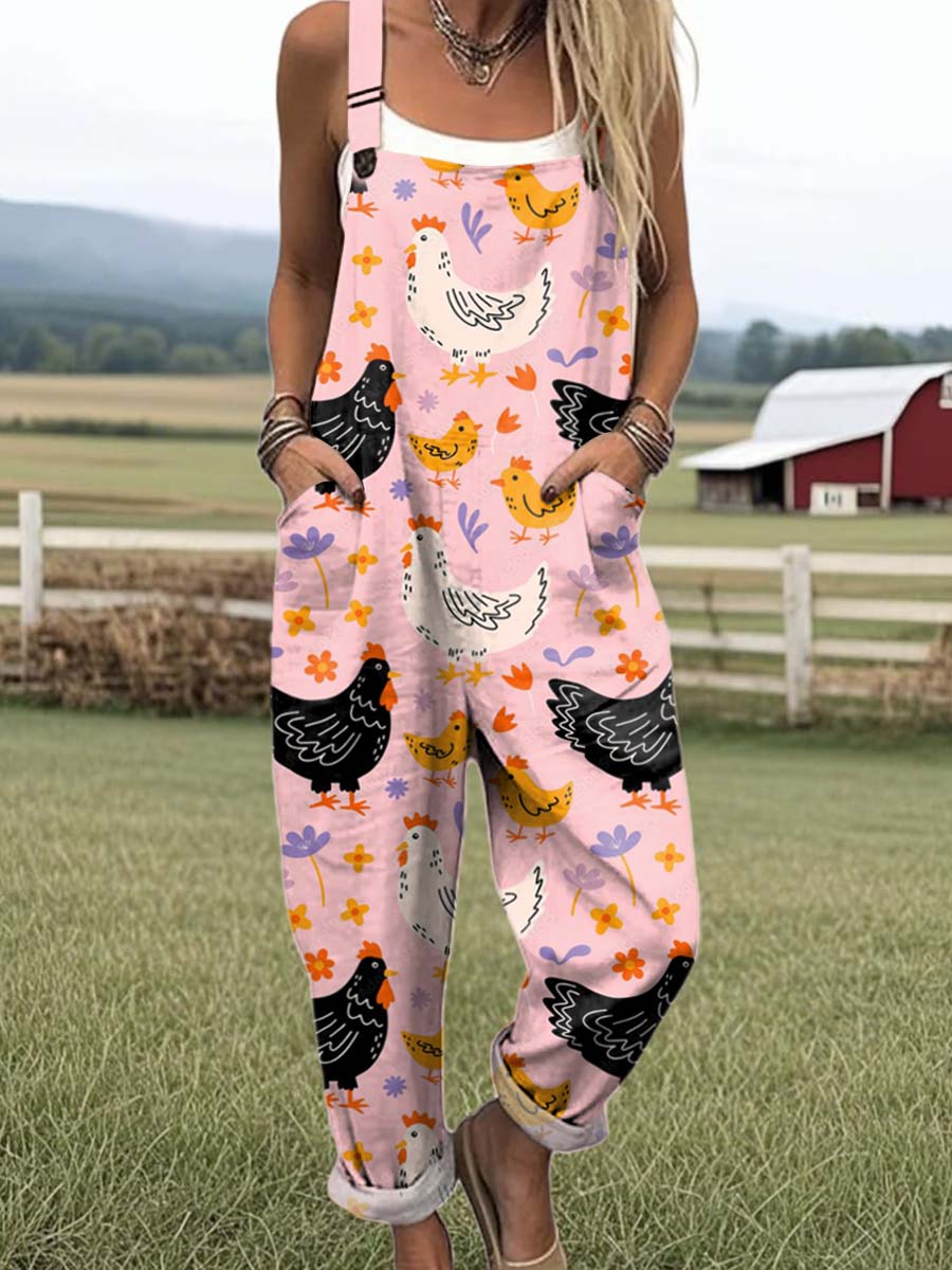 Women's Cute Chicken Flowers Art Print Casual 100% Cotton Wide Leg Jumpsuit
