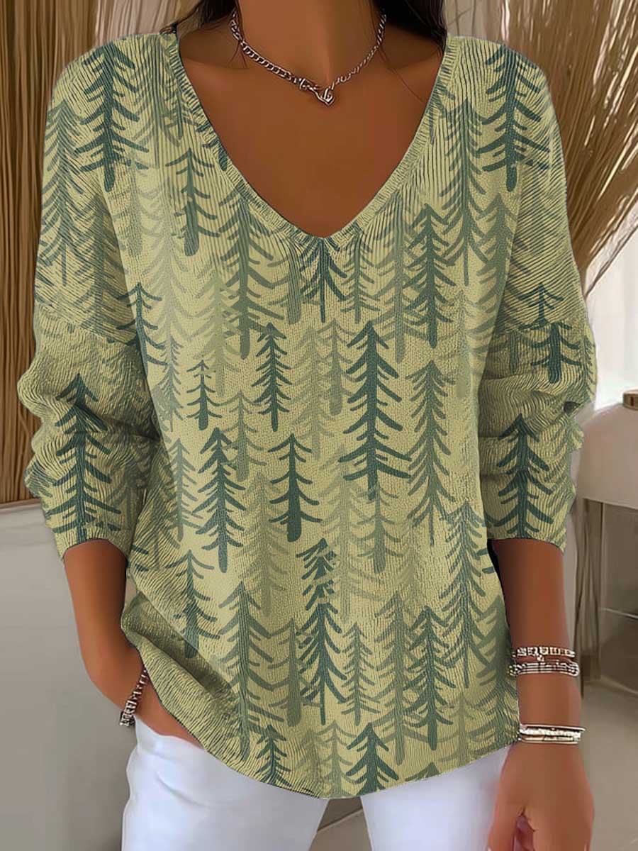 Women's Christmas Tree Art Print Casual Pullover Sweater