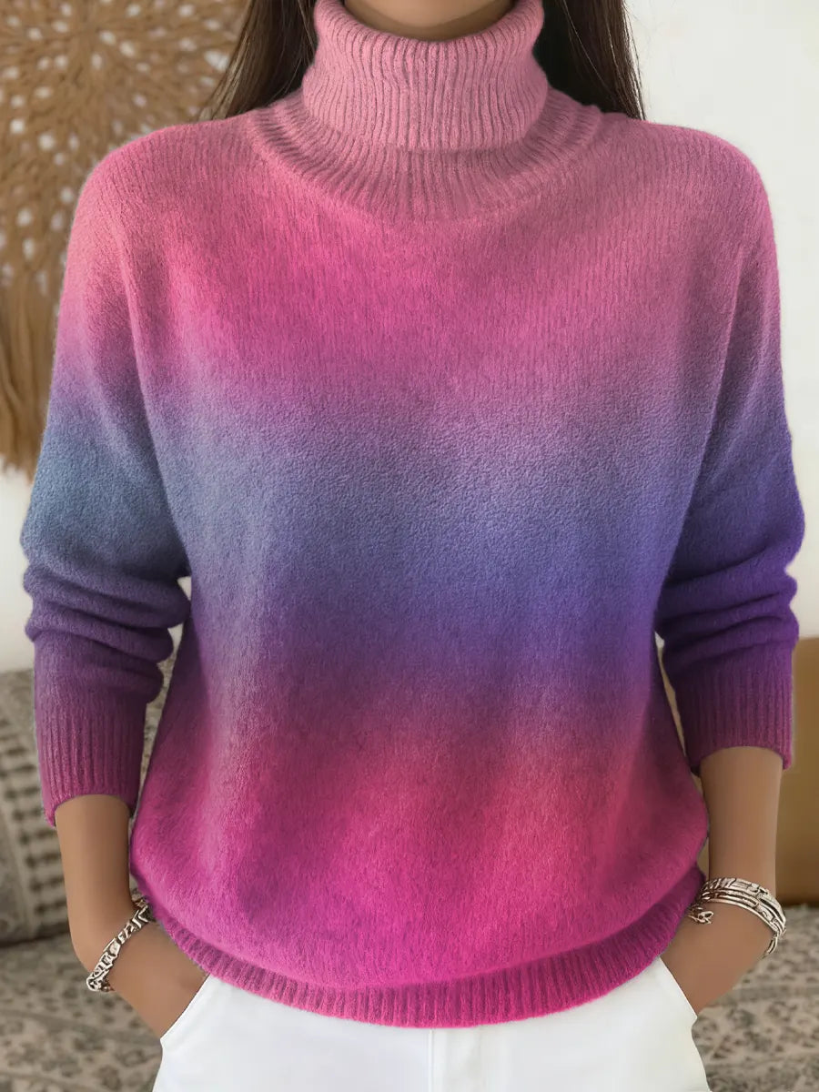 Women's Gradient Color Art Print Knit Turtleneck Pullover Sweater