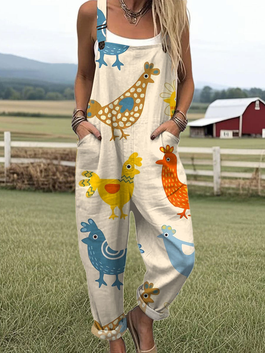 Women's  Funny Chick Art Print Casual 100% Cotton Wide Leg Jumpsuit