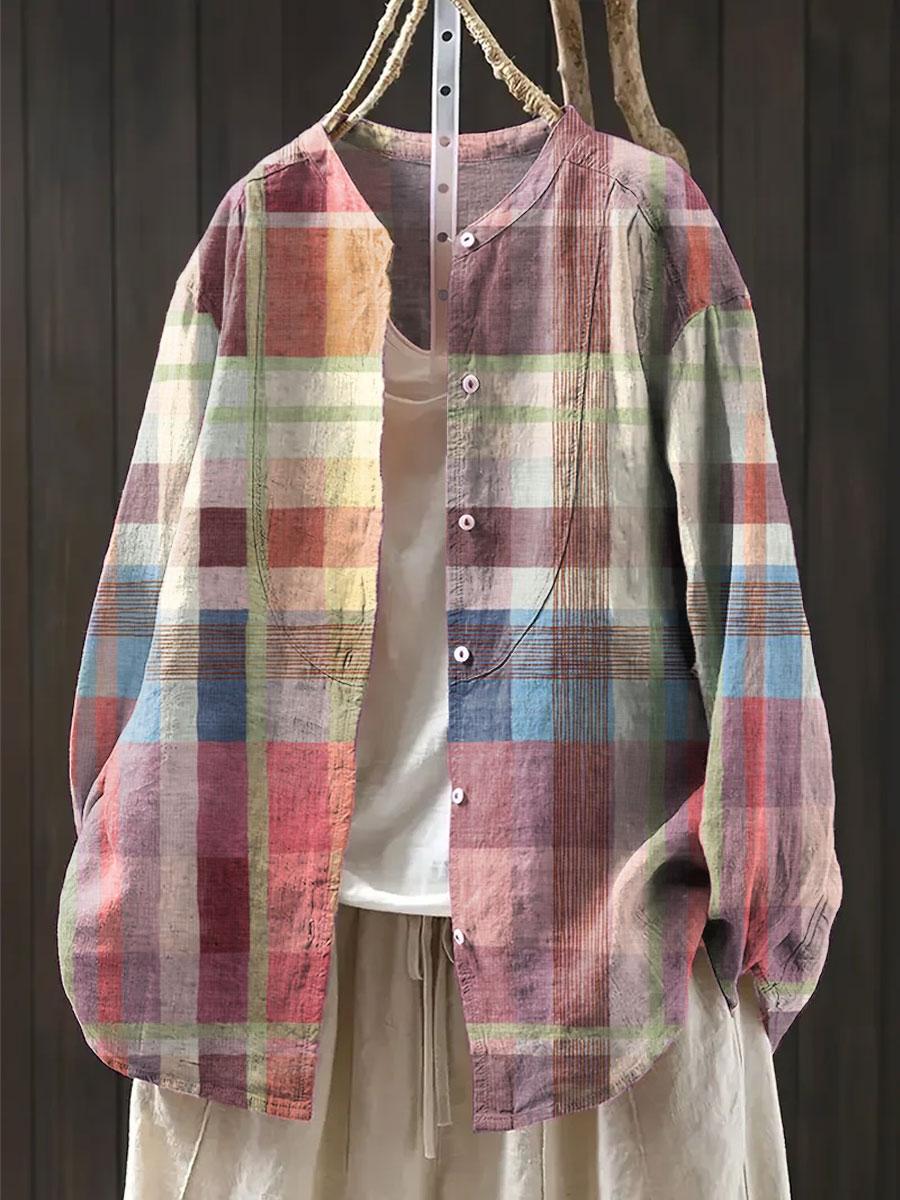 Women's Vintage  Abstract Geometry Art Print Casual Cotton And Linen Shirt